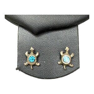 Vintage Sterling Silver Crushed Inlaid Turquoise Turtle Earrings Small Post READ